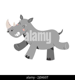 Cute rhino, african safari animal, jumping and smiling wild mammal with horns, african cartoon vector illustration isolated on white Stock Vector
