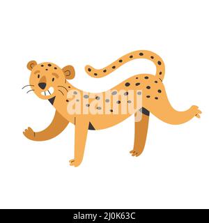 Cute smiling jaquar, exotic jungle animal, african wildlife, flat vector illustration, vector clip art isolated on white Stock Vector