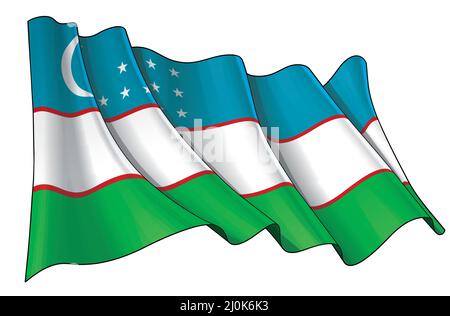 Vector illustration of a Waving Flag of Uzbekistan. All elements neatly on well-defined layers and groups. Stock Vector