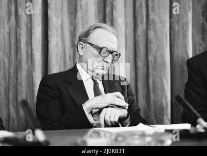 Foreign Secretary Lord Carrington and Defence Secretary John Nott at a press conference held at the Foreign office to make a statement on the Falklands invasion by Argentina.  2nd April 1982. Stock Photo