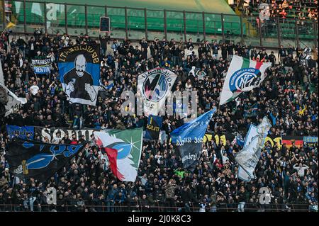 Milan, Italy - March 19, 2022: supporters during the Italian Serie A football championship match FC Internazionale vs ACF Fiorentina at San Siro Stadium Stock Photo