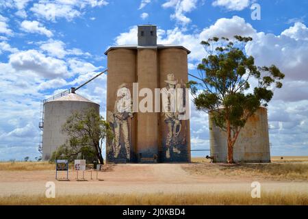 Australian art silo in Rosebery in Victorian Mallee has work from a mural by local artist Kaffeine Stock Photo