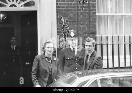 Margaret Thatcher PM pictured outside Downing Street, London, Wednesday 7th April 1982. Leaving Downing Street, on her way to the House of Commons. Stock Photo