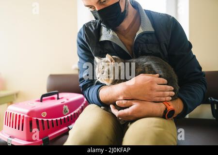 Owner, a man in mask with gray Scottish Straight cat, sits and waits for an animal doctor in the hall of veterinary clinic. Anim Stock Photo