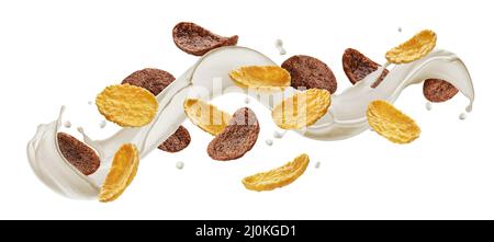 Corn flakes with milk splash isolated on white background Stock Photo