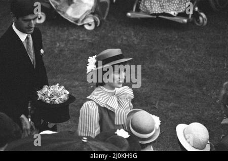 Lady Diana Spencer attends her first ever Garden Party at Buckingham Palace. In this picture Lady Diana also talks to guests about her engagement ring.  Picture taken 23rd July 1981 Stock Photo