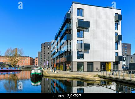 The Mansion House apartment blocks, from the Cotton Field Park marina, New Islington, Ancoats, Manchester, England, UK Stock Photo