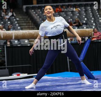 Birmingham, AL, USA. 19th Mar, 2022. Auburn's Sunisa Lee stretches prior to the 2022 SEC Women's Gymnastics Championships at Legacy Arena in Birmingham, AL. Kyle Okita/CSM/Alamy Live News Stock Photo