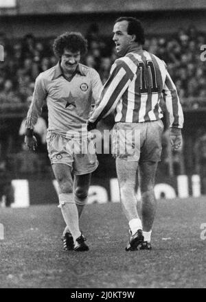 Sheffield Wed 1-1 Newcastle, Division Two League match at Hillsborough, Saturday 18th December 1982. Terry McDermott sees the funny side of life as Sheffield Wednesday's Ante Mirocevic makes a point. Stock Photo