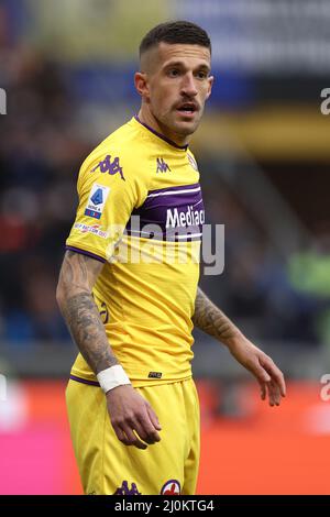 San Siro stadium, Milan, Italy, March 19, 2022, Cristiano Biraghi (ACF Fiorentina) looks on  during  Inter - FC Internazionale vs ACF Fiorentina - ita Stock Photo