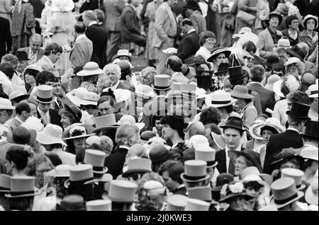 Lady Diana Spencer, centre of picture in the ribbon hat obscured with her eyes and nose just showing, enjoys the day with some friends on the last day of Royal Ascot. Ascot 1981, was Lady Diana Spencer's first official visit to Ascot races, as a future member of The Royal Family.   Picture taken 18th June 1981. Stock Photo