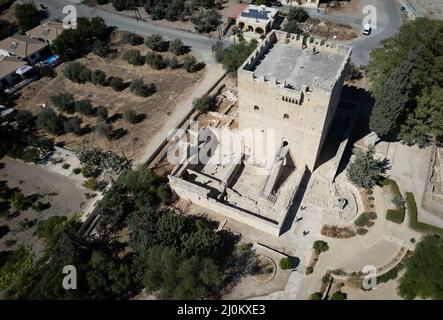 Aerial drone view of Kolossi castle fort landmark in Limassol. Cyprus ancient places. Stock Photo