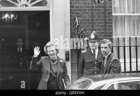 Margaret Thatcher PM pictured outside Downing Street, London, Wednesday 7th April 1982. Leaving Downing Street, on her way to the House of Commons. Stock Photo