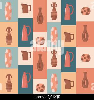 Seamless pattern with clay vases on a colored background. Vector illustration. Stock Vector