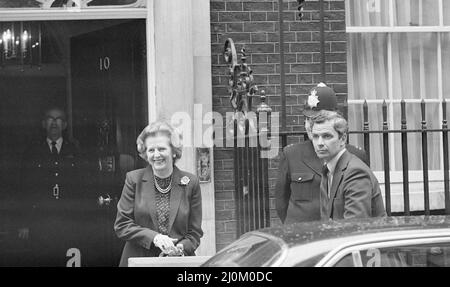 Margaret Thatcher PM pictured outside Downing Street, London, Wednesday 7th April 1982. Leaving Downing Street, on her way to the House of Commons. Stock Photo