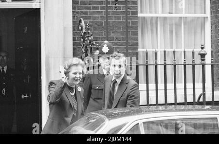 Margaret Thatcher PM pictured outside Downing Street, London, Wednesday 7th April 1982. Leaving Downing Street, on her way to the House of Commons. Stock Photo