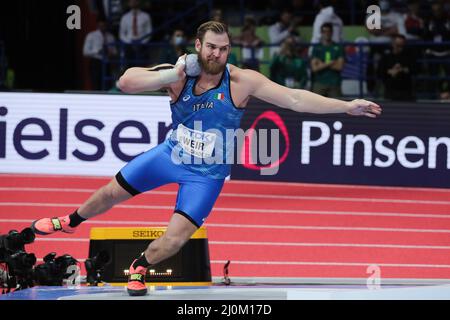 Belgrade, Serbia. 19th Mar, 2022. Zane Weir of Italy competes during the men's shot put final at the World Athletics Indoor Championships Belgrade 2022 in Stark Arena, Belgrade, Serbia, March 19, 2022. Credit: Zheng Huansong/Xinhua/Alamy Live News Stock Photo