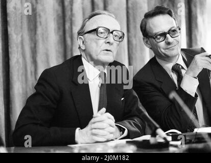 Foreign Secretary Lord Carrington and Defence Secretary John Nott at a press conference held at the Foreign office to make a statement on the Falklands invasion by Argentina.  2nd April 1982. Stock Photo