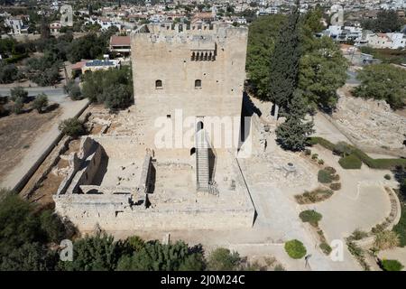 Aerial drone view of Kolossi castle fort landmark in Limassol. Cyprus ancient places. Stock Photo