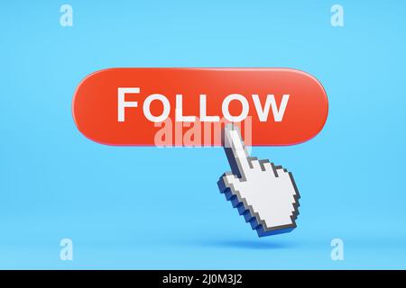 Hand cursor clicking on a follow button. 3d illustration. Stock Photo