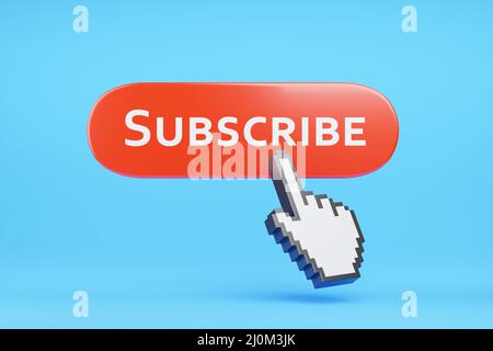 Hand cursor clicking on a subscribe button. 3d illustration. Stock Photo