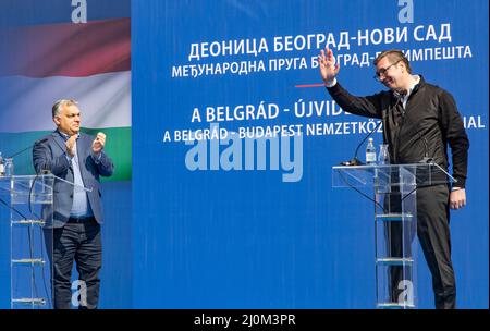 Novi Sad, Serbia. 19th Mar, 2022. Serbian President Aleksandar Vucic (R) and Hungarian Prime Minister Viktor Orban attend the inauguration ceremony of the Belgrade-Novi Sad section of the Belgrade-Budapest railway in Novi Sad, Serbia, March 19, 2022. An inauguration ceremony was held at the railway station in Novi Sad, Serbia's second largest city, on Saturday for the Belgrade-Novi Sad section of the 350-kilometer Belgrade-Budapest railway. Credit: Wang Wei/Xinhua/Alamy Live News Stock Photo