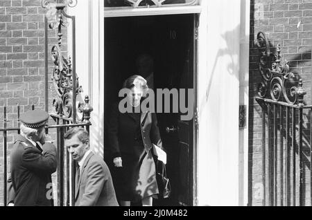 Margaret Thatcher PM pictured outside Downing Street, London, Wednesday 5th May 1982.  Leaving Downing Street for the House of Commons. Stock Photo