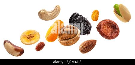 Nuts and dried fruits isolated on white background Stock Photo