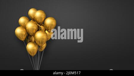 Gold balloons bunch on a black wall background. Horizontal banner. Stock Photo