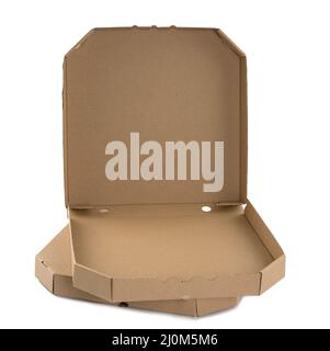 Open cardboard pizza box on white background Stock Photo - Alamy