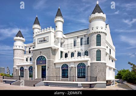 Architecture Thailand. Castle like unusual boutique hotel under construction Southeast Asia Stock Photo