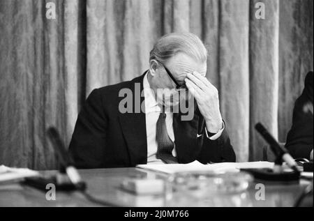 Foreign Secretary Lord Carrington and Defence Secretary John Nott at a press conference held at the Foreign office to make a statement on the Falklands invasion by Argentina.  2nd April 1982. Stock Photo