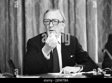 Foreign Secretary Lord Carrington and Defence Secretary John Nott at a press conference held at the Foreign office to make a statement on the Falklands invasion by Argentina.  2nd April 1982. Stock Photo