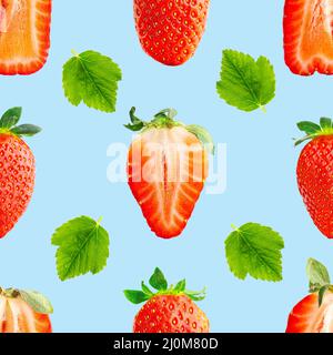 Strawberry seamless pattern. Ripe strawberries isolated on blue. package design background. Stock Photo