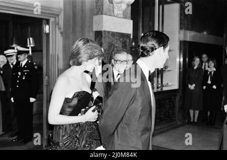 Lady Diana Spencer attended her first public engagement tonight, when she joined Prince Charles at a Gala Charity Concert at the Goldsmith's Hall, London, in aid of the Royal Opera House. Princess Grace of Monaco also attends the event, as seen in other frames in this set.  Note to Editors : Diana is wearing a black dress, as seen in the colour Mirrorpix pictures from this event.  Picture taken 9th March 1981 Stock Photo