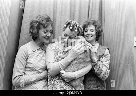 Coronation Street's Thelma Barlow (Mavis Riley), Jean Alexander (Hilda Ogden) and Barbara Knox (Rita Sullivan) with the Street's cat. November 1980. Stock Photo