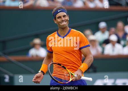 March 19, 2022 Rafael Nadal of Spain in action against Carlos Alcaraz of Spain during the semifinals match of the 2022 BNP Paribas Open at Indian Wells Tennis Garden in Indian Wells, California. Stock Photo