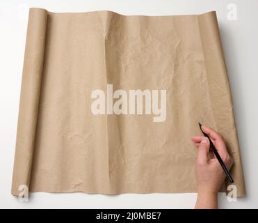 Female hand holds wooden pencil over brown paper roll on white table. Place to write text, list Stock Photo