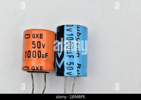 Common electrolytic capacitors Stock Photo