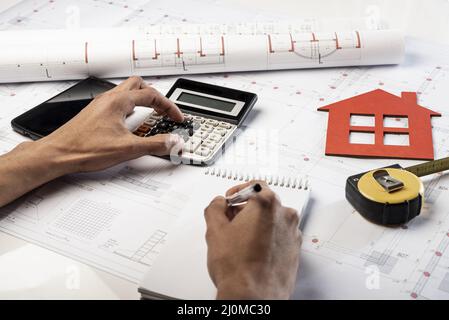 High view hands stationery items Stock Photo