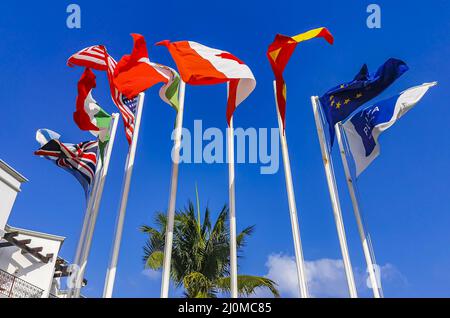 Flags of many countries like spain united states canada Mexico. Stock Photo