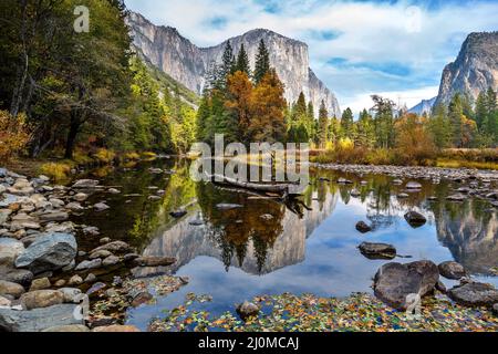 Autumn scenery of El Capitan and Merced River in Yosemite National Park