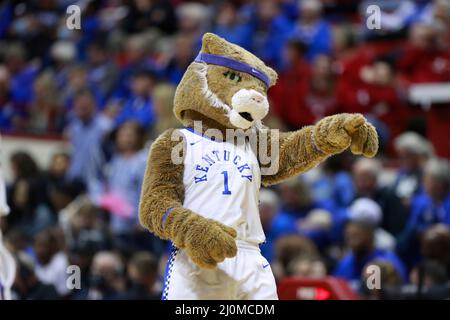 Bloomington, United States. 19th Mar, 2022. The Kentucky Wildcats mascot cheers against Princeton during round 1 of the NCAA 2022 Division 1 Women's Basketball Championship, at Simon Skjodt Assembly Hall in Bloomington. Princeton beat Kentucky 69-62. (Photo by Jeremy Hogan/SOPA Images/Sipa USA) Credit: Sipa USA/Alamy Live News Stock Photo