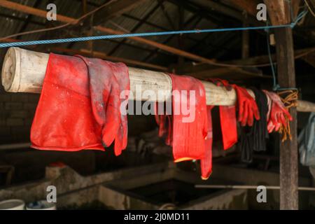 Background, blur, out of focus, bokeh. Red rubberized gloves hang in the bamboo stick. Drying rubber gloves Stock Photo