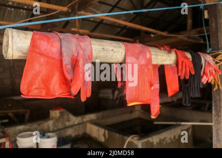 Background, blur, out of focus, bokeh. Red rubberized gloves hang in the bamboo stick. Drying rubber gloves Stock Photo