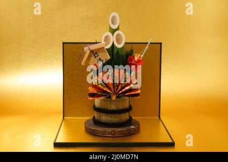 Kadomatsu and gold folding screen of the image (New Years card materials and New Year material) Stock Photo