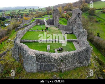 Aerial view Montgomery Castle in Powys, Wales. Stock Photo