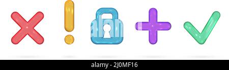 Set of 3d vector render icons. Checkmark, cross sign, lock and exclamation mark. Bright glossy glass design elements Stock Vector
