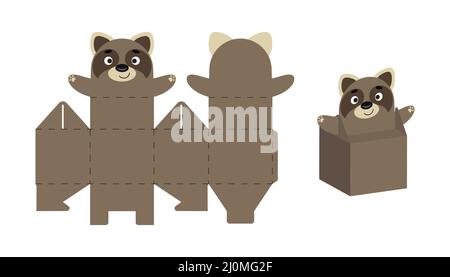 Cute party favor box raccoon design for sweets, candies, small presents. DIY package template for any purposes, birthdays, baby shower, Christmas. Pri Stock Vector