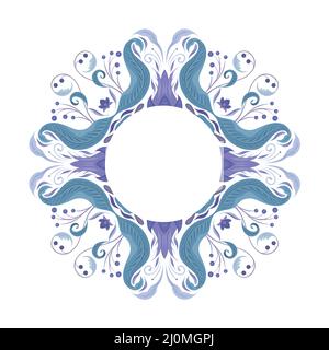 Vector round frame of tender vintage floral ornament and copy space. Baroque border with flowers and place for text in blue pastel colors. Stock Vector